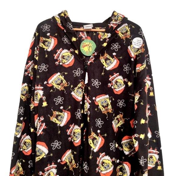 Christmas SpongeBob Squarepants PJs Comfy One Piece Black Loungewear w Hood NEW - Picture 3 of 14